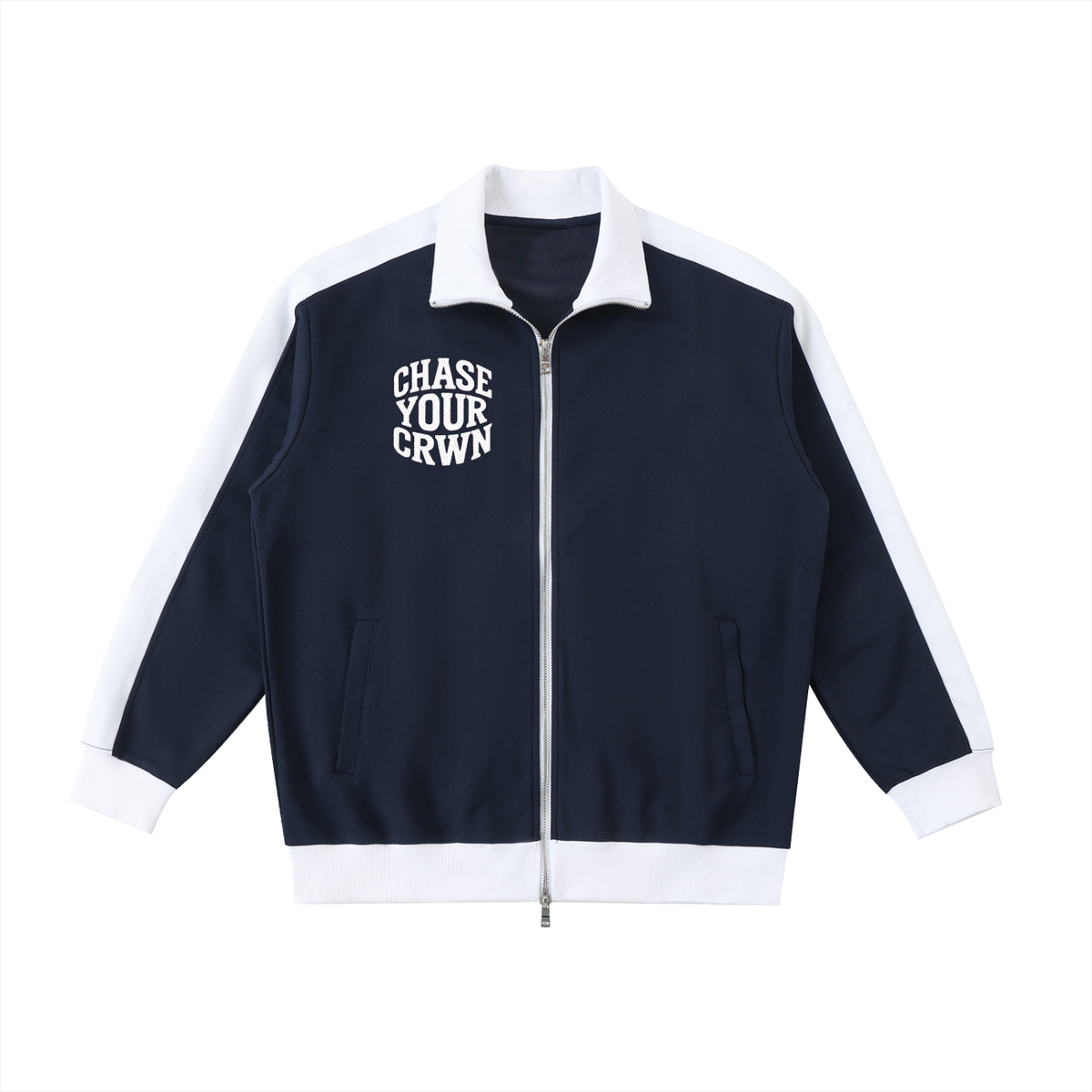 Contrast Trim Stand Collar Jacket Navy Blue with White Coats & Jackets ODMPOD