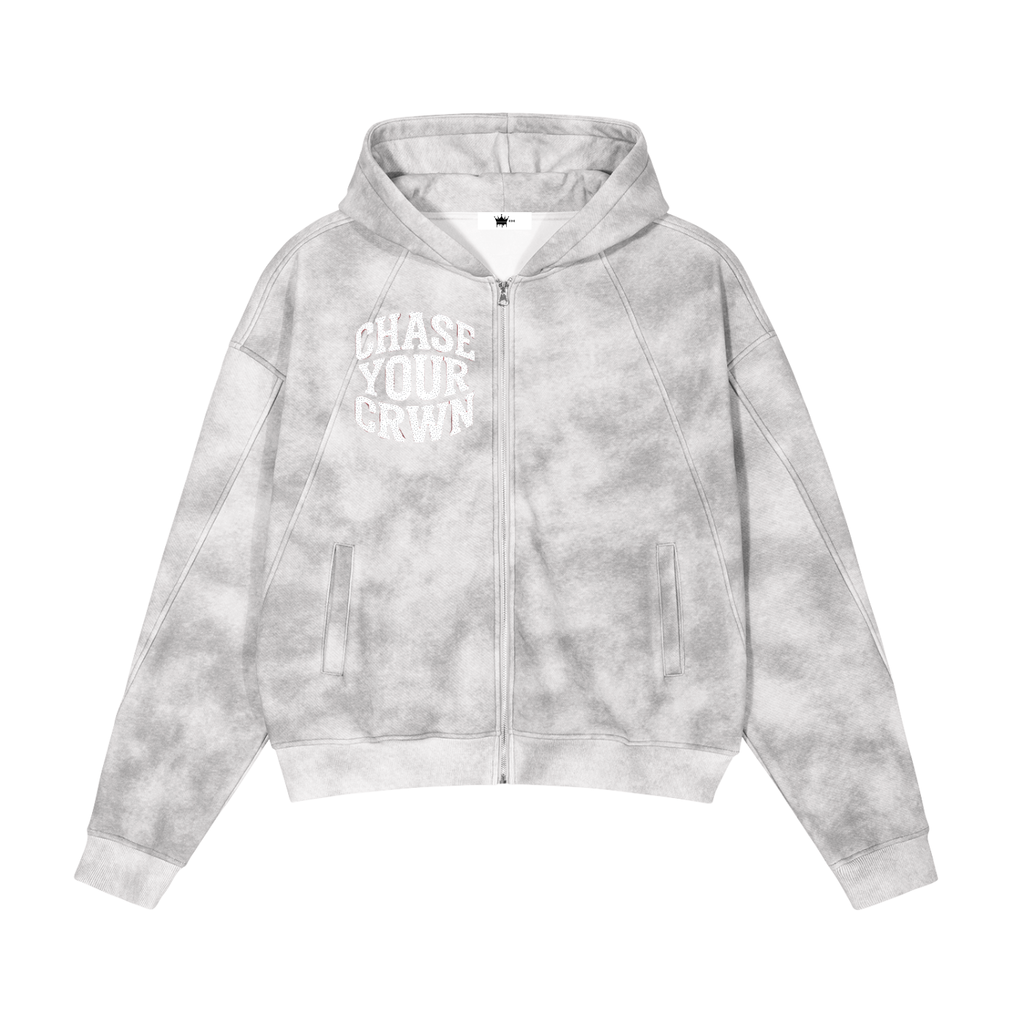 Dirty Washed Zip-Up Fleece Hoodie Flower gray ODMPOD