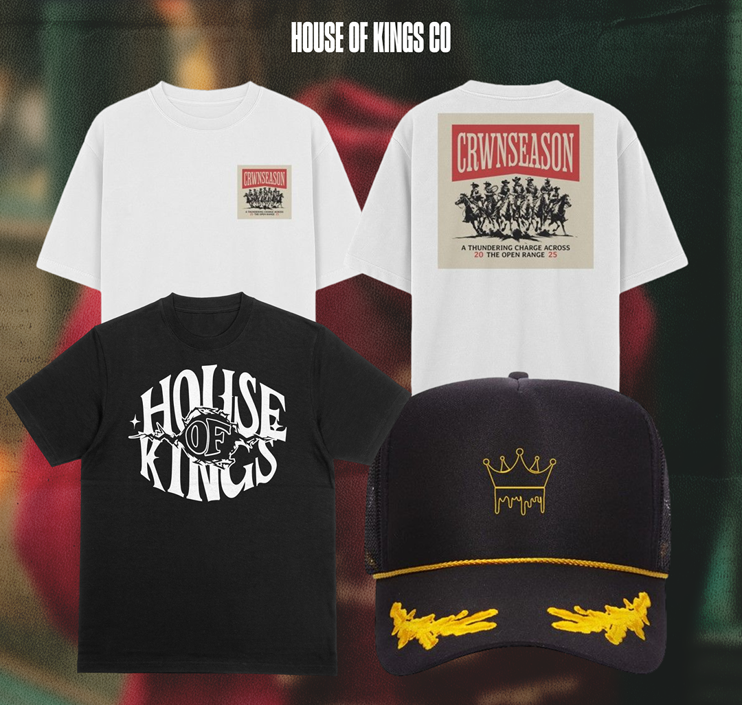 Promotional flyer for House of Kings Co with t-shirts and a cap, featuring text about an upcoming release.