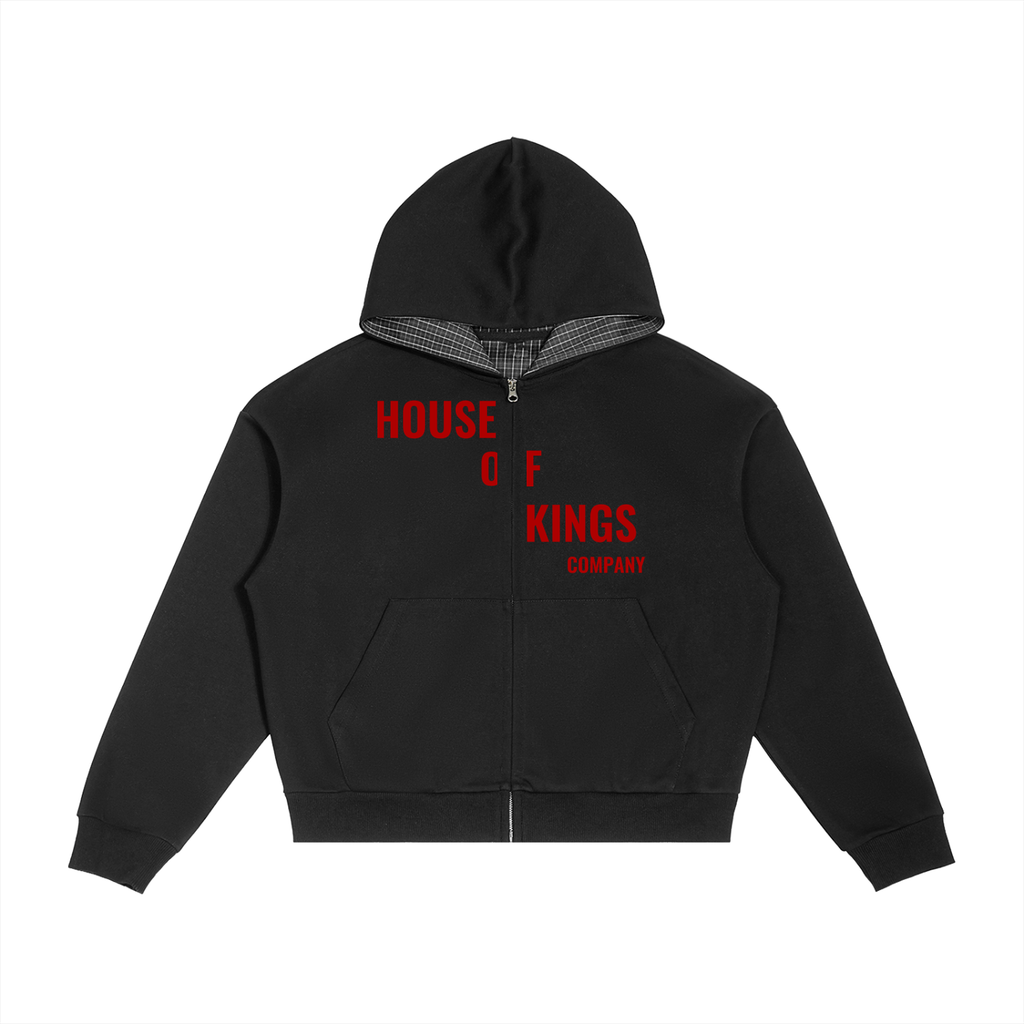 Contrast Plaid Boxy Zip Hoodie Black Zipper Hoodie House of Kings Co.