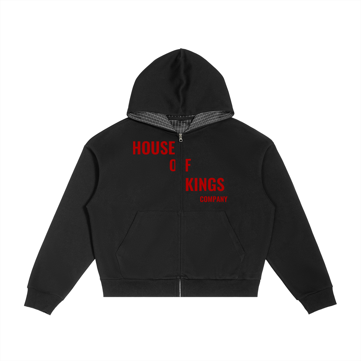 Contrast Plaid Boxy Zip Hoodie Black Zipper Hoodie House of Kings Co.